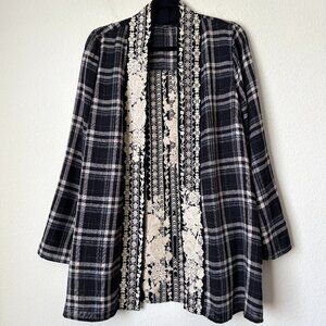Andree by Unit Boho Floral Embroidered Open Front Longline Plaid Cardigan